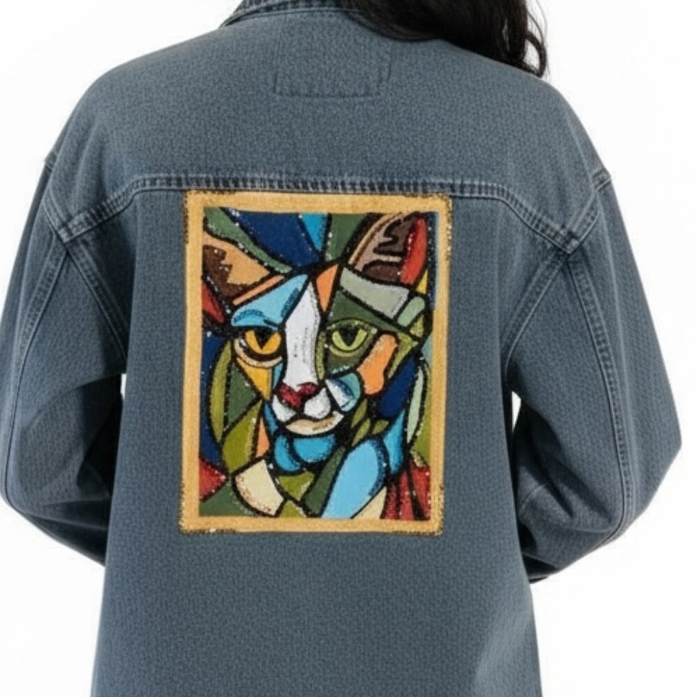 Hand Painted One Of A Kind, Bedazzled, Up-Cycled Denim Jacket Geometric Cat Face